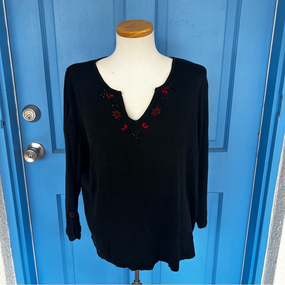 Clio II, 75% silk 25% cotton black 3/4 length sleeve blouse, size 2x